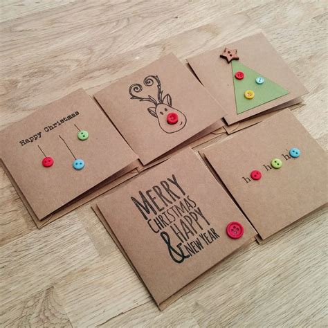 Pack Of 5 Cute Handmade Christmas Cards With Buttons Reindeer