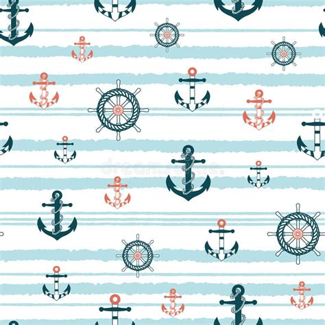 Nautical Seamless Pattern Anchors Boat Steering Wheel On Blue Wave