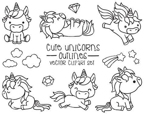 Premium Vector Clipart Kawaii Unicorns Outlines Cute Etsy Canada