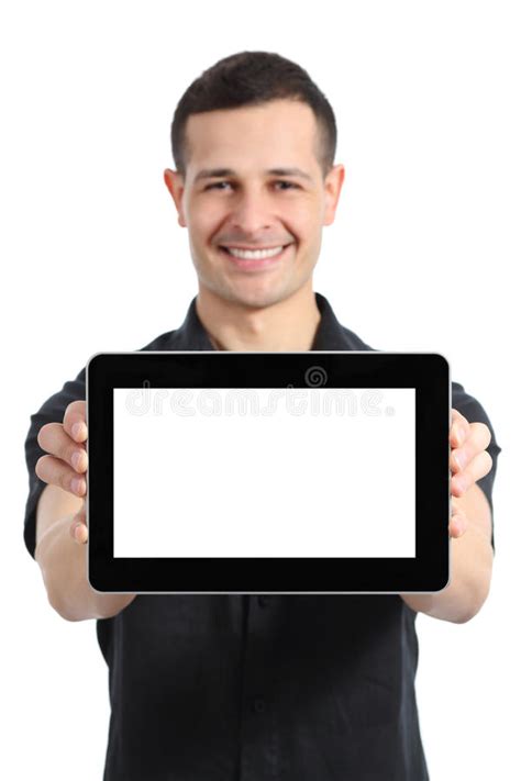 Happy Man Smiling Showing A Blank Tablet App Stock Photo Image Of