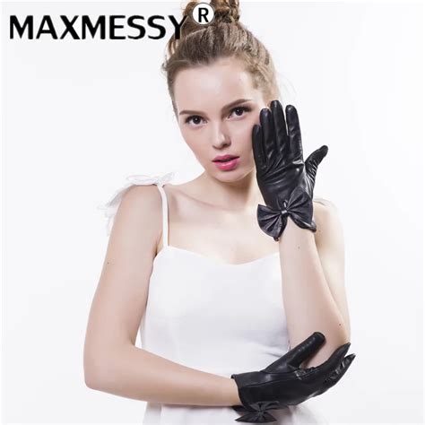 maxmessy 2017 female genuine leather sheepskin glove real fur leather women mittens lady winter