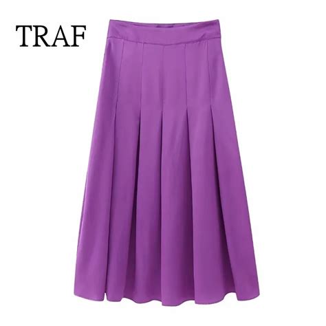 Traf Purple Long Skirt Women 2023 Fashion High Waist Midi Pleated Skirts Summer Korean Style