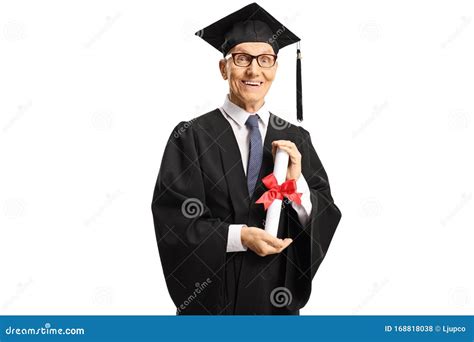 Senior Man In A Graduation Gown Holding A Diploma Stock Photo Image