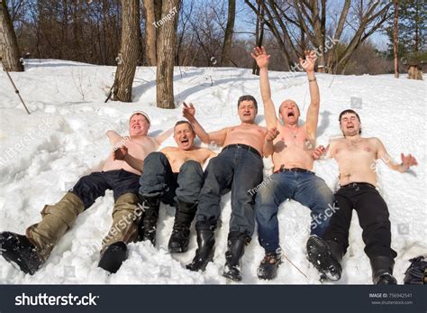 Mature Halfnaked Men Lie Snow Yell Stock Photo Shutterstock