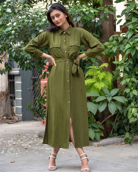 Olive Green Shirt Dress With Belt Set Of Two By Half Full Half Empty