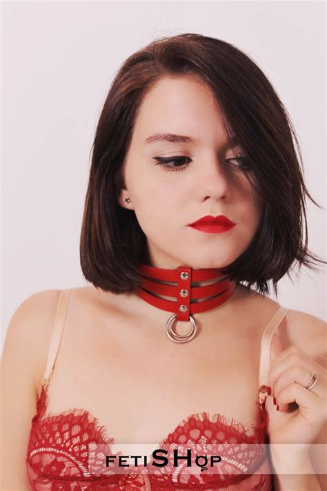 Red Leather Women Choker With Three Lines And Two O Ring Etsy