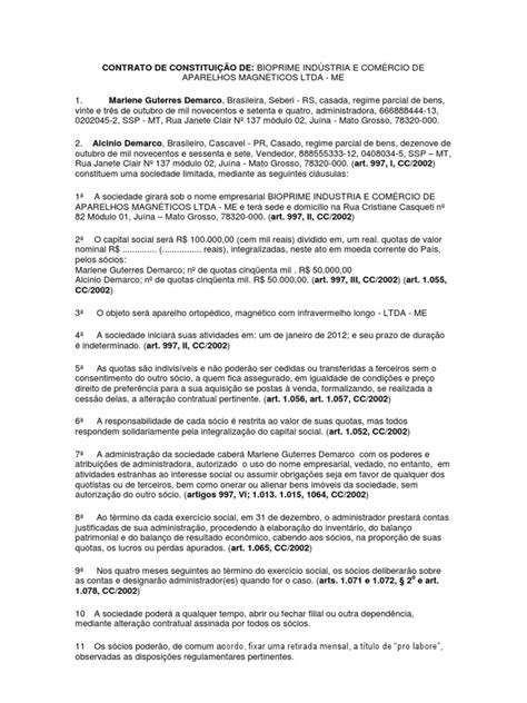 Contrato De ConstituiÇÃo De Empresa Ltda 2 Folha De Balanço Lei Das