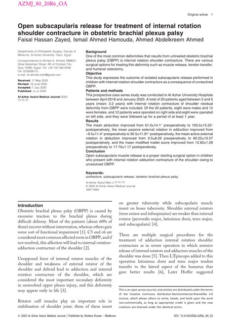 Pdf Open Subscapularis Release For Treatment Of Internal Rotation