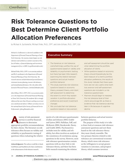 Pdf Risk Tolerance Questions To Best Determine Client Portfolio