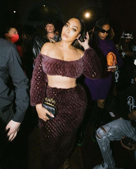 Lala Steps Out In Style Wearing A Laquan Smith Fw21 Plum Laser Cut Mink Two Piece Set While