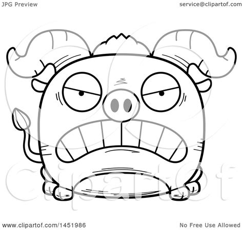 Clipart Graphic Of A Cartoon Black And White Lineart Mad Ox Character