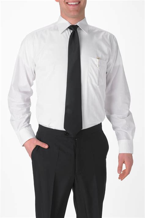 Mens White Banded Collar Long Sleeve Dress Shirt With Black Piping