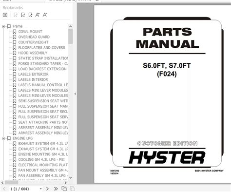 Hyster Forklift Truck F024 S60ft S70ft Europe Parts Manual 4047292