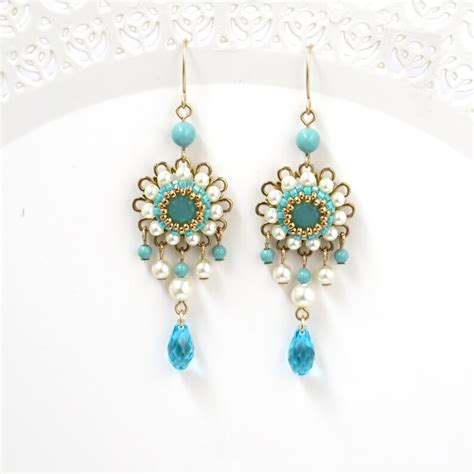 Turquoise Chandelier Earring Gold Swarovski Crystal And Pearl Etsy
