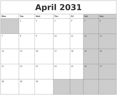 April 2031 Calanders