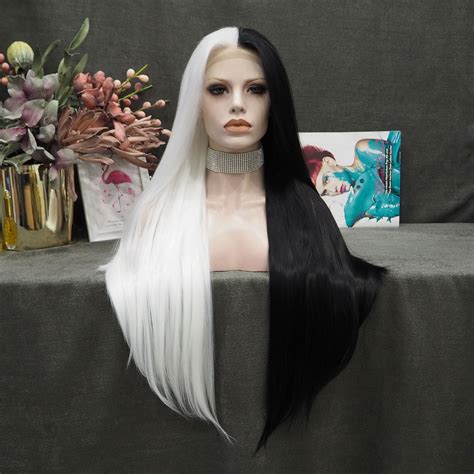 Half Black Half White Wigs Long Straight Synthetic Halloween Cosplay