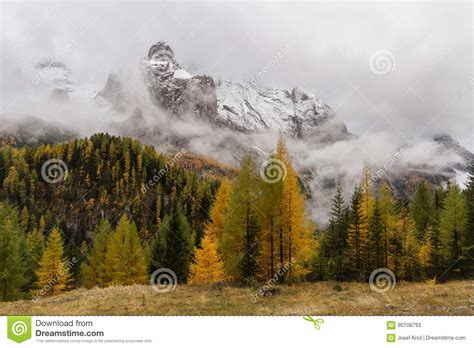 View Of The Mountain Clouds And Trees In Autumn Colors