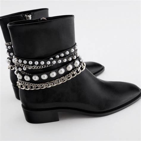 Zara Shoes Nwt Zara Pearl Chain Ankle Boots Black Poshmark