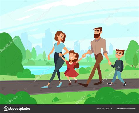 Animado Paseo Familiar Feliz De Dibujos Animados Padre Madre
