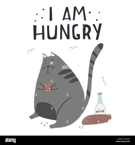 Guilty Cat Color Flat Hand Drawn Vector Character Quote I Am Hungry