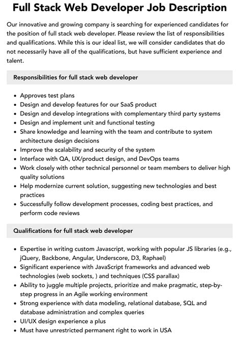 Full Stack Web Developer Job Description Velvet Jobs