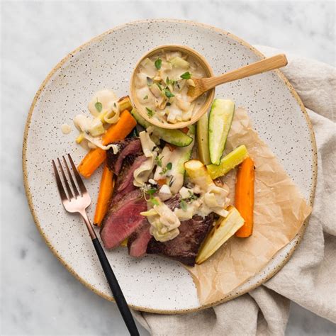 Goes great with new york, rib eye or sirloin steaks, along with sun dried tomato butter. Beef Sirloin Steak with Creamy Leeks and Thyme Roasted Vegetables - My Food Bag