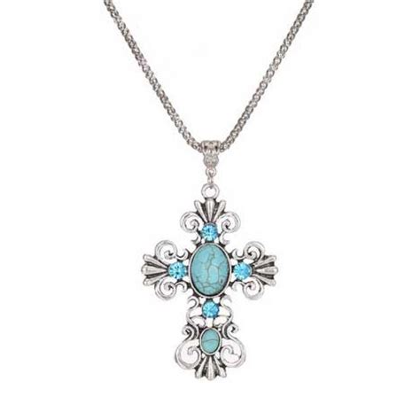 Turquoise Silver Cross Necklace For Women