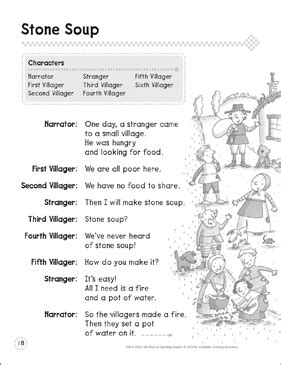 A one page realistic fiction reading comprehension piece about boats is followed by 3 multiple choice questions and 5 questions requiring short written responses. Stone Soup: A Beginning Reader Play | Printable Texts and ...