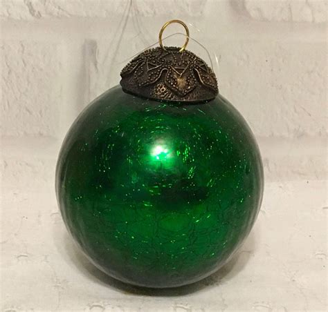 Vintage Kugel Christmas Tree Ornament Green Crackle Glass 3 Kugel