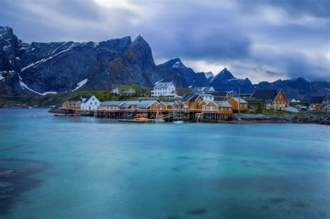 Image Lofoten Norway Nature Mountains Houses Clouds