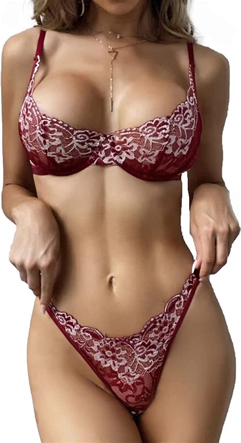 lilosy sexy underwire push up scallop floral lace sheer lingerie set for women bra and panty 2
