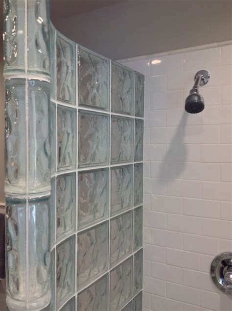 Open Shower With A Prefabricated Curved Glass Block Wall Coastal