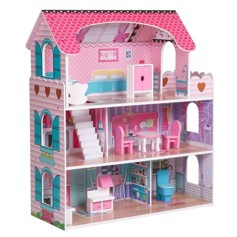 Large Childrens Wooden Dollhouse Kid House Play Pink With Furniture