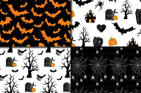 Halloween Digital Paper With Haunted House Pumpkin Bats Spider