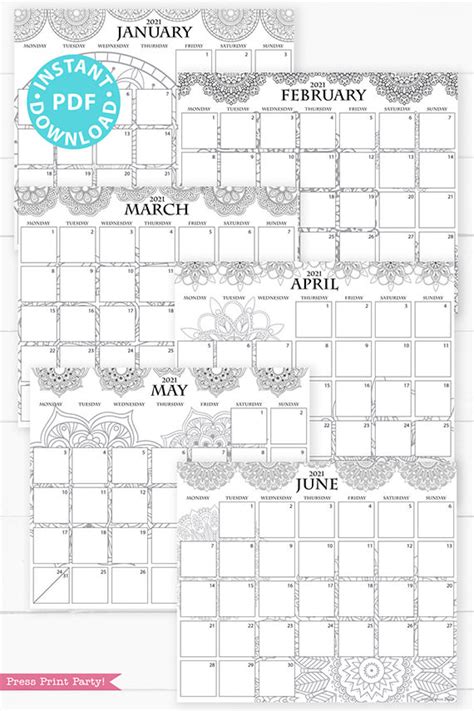 Monthly Calendar 2021 Printable Monday Start