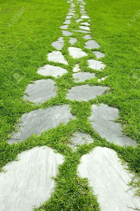 Garden Stone Path With Grass Growing Up Between The Stones Stone