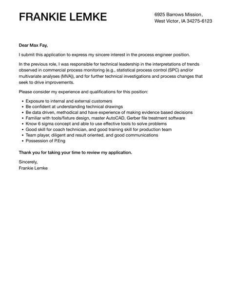 Process Engineer Cover Letter Velvet Jobs