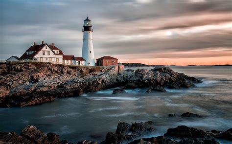 Lighthouse At Portland Maine Coast Usa Lighthouse Sunset Hd