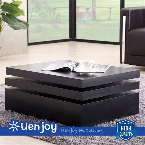 Uenjoy Black Square Coffee Table Rotating Contemporary Modern Living Room Furniture