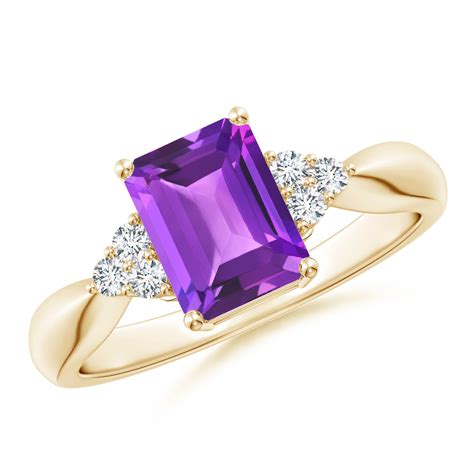 Emerald Cut Amethyst Solitaire Ring With Trio Diamonds Angara