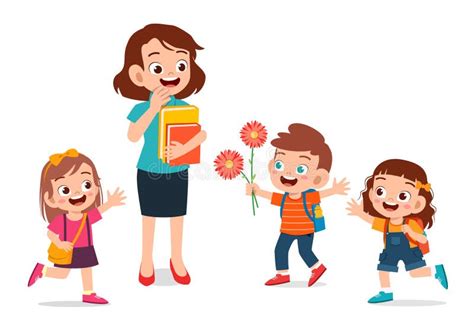 Happy Cute Kid Give Flower To Teacher Stock Vector Illustration Of