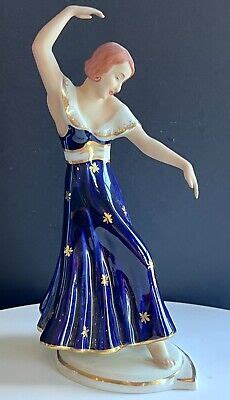 VINTAGE ROYAL DUX Figurine Lady With Hat Dancer Cobalt Blue Gold Gilded Mint PicClick