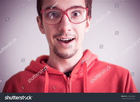 Funny Portrait Young Smiling Surprised Nerd Stock Photo 235453828