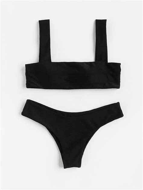 Black Thick Strap Rectangular Push Up Bikini Set Bikinis Swimwear