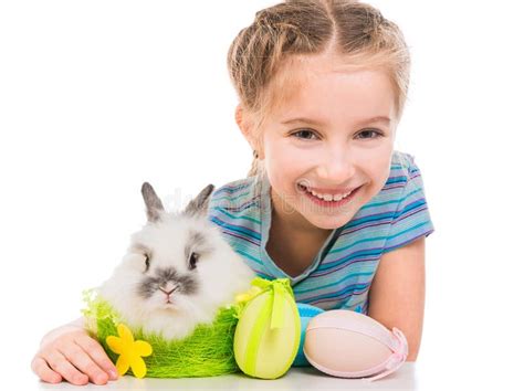 Little Girl With A Rabbit Stock Photo Image Of Basket 113565672
