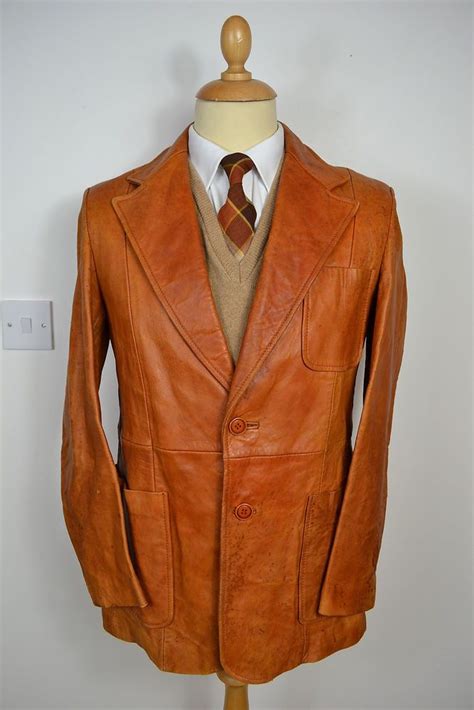 Vintage 1970s Uk Made Tan Brown Leather Jacket Blazer Coat Small 38