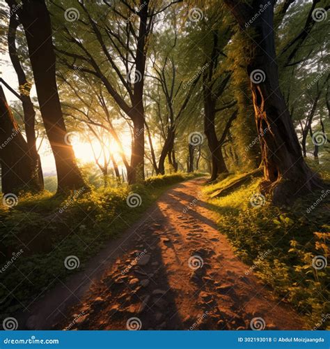 Natures Embrace Sunset Lit Alley, a Serene Forest Path Journey Stock