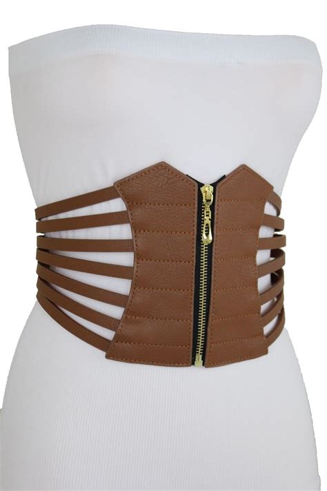 Sexy Women Hip High Waist Gold Zipper Fashion Wide Corset Brown Belt
