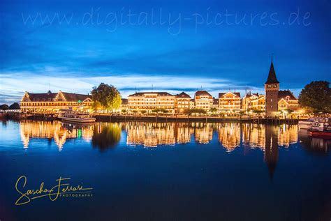 Lindau Bodensee Hafen Bei Nacht Blaue Stunde