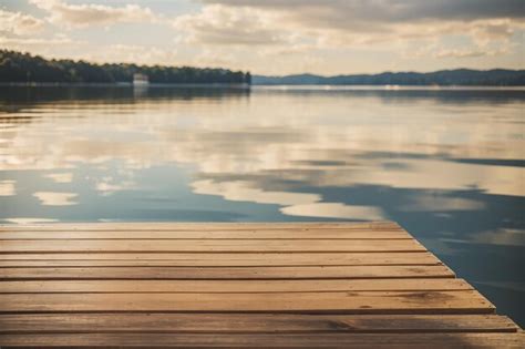 Premium Ai Image Wooden Board On A Tranquil Lakeside Pier